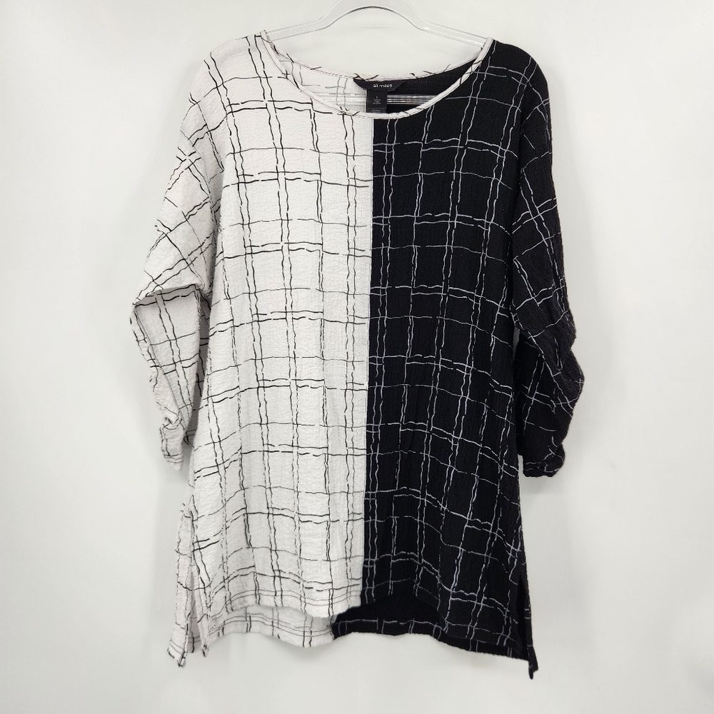 Ali Miles 3/4 Tunic Top Womens Size Large Printed Black White Ruched Sleeve